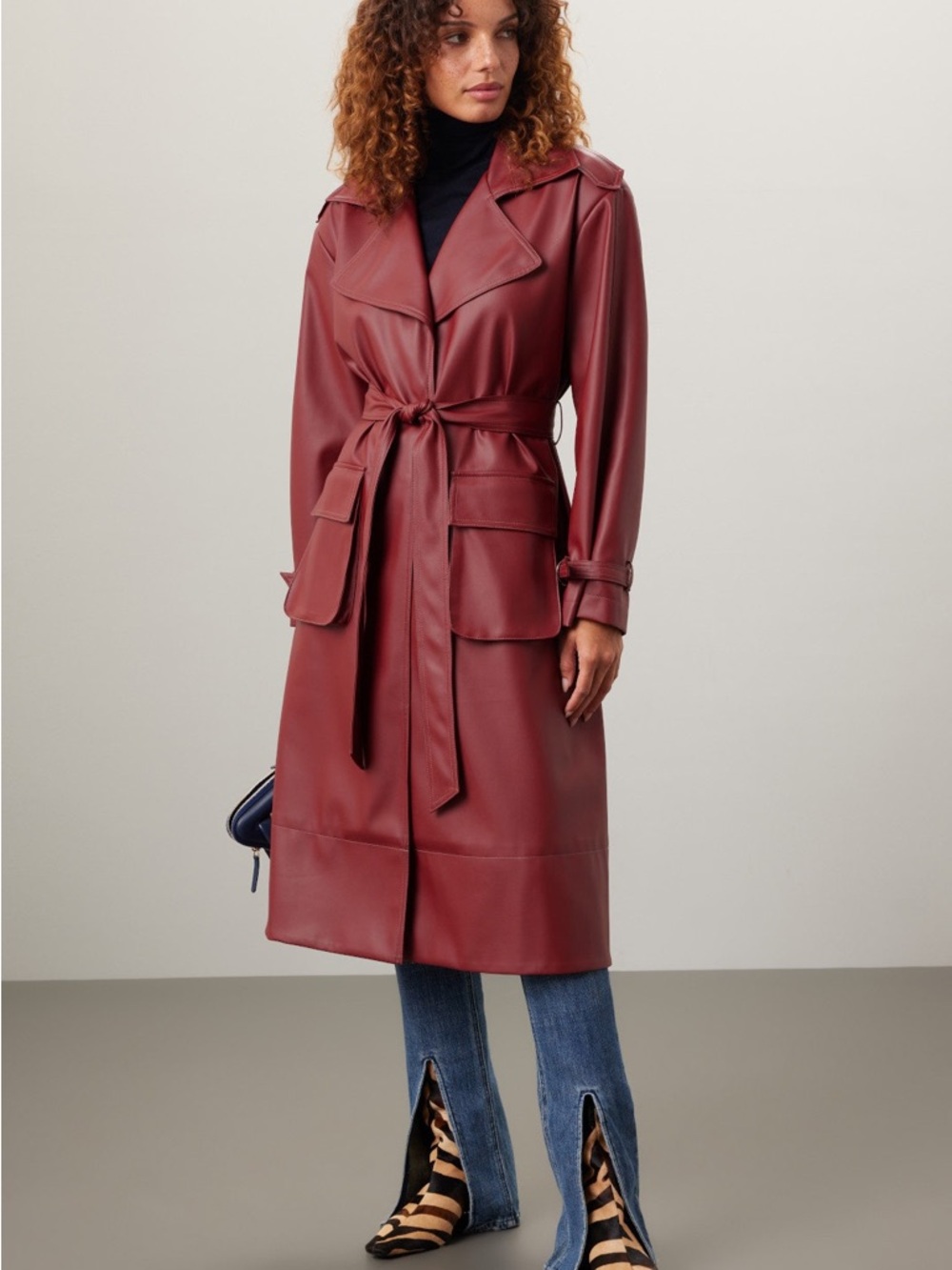 Women’s Burgundy Faux-Leather Trench Coat with Tie Belt